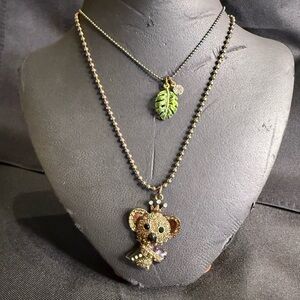 Betsey Johnson Gold Koala and Green Leaf Necklace Set